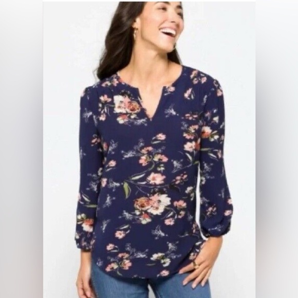 NWOT Fun2Fun Stitchfix Floral Kenmore Split Neck Navy Blouse Size Smalll - Picture 1 of 14